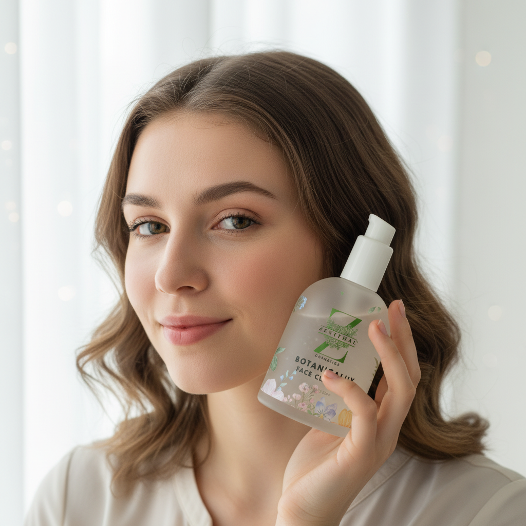 Woman holding a bottle of facial cleanser with a neutral background     Natural body care product- handmade cosmetics UK and natural skincare products online