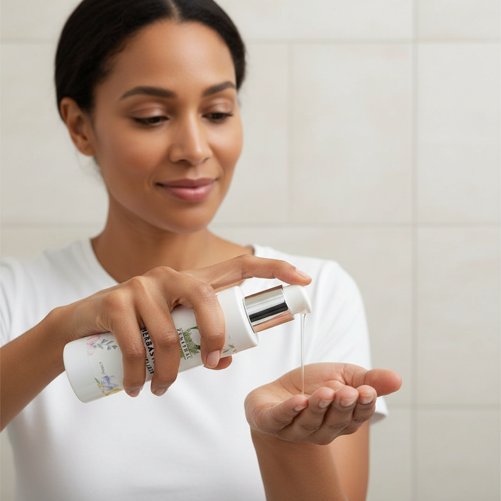 Woman applying a skincare product to her hand against a neutral background