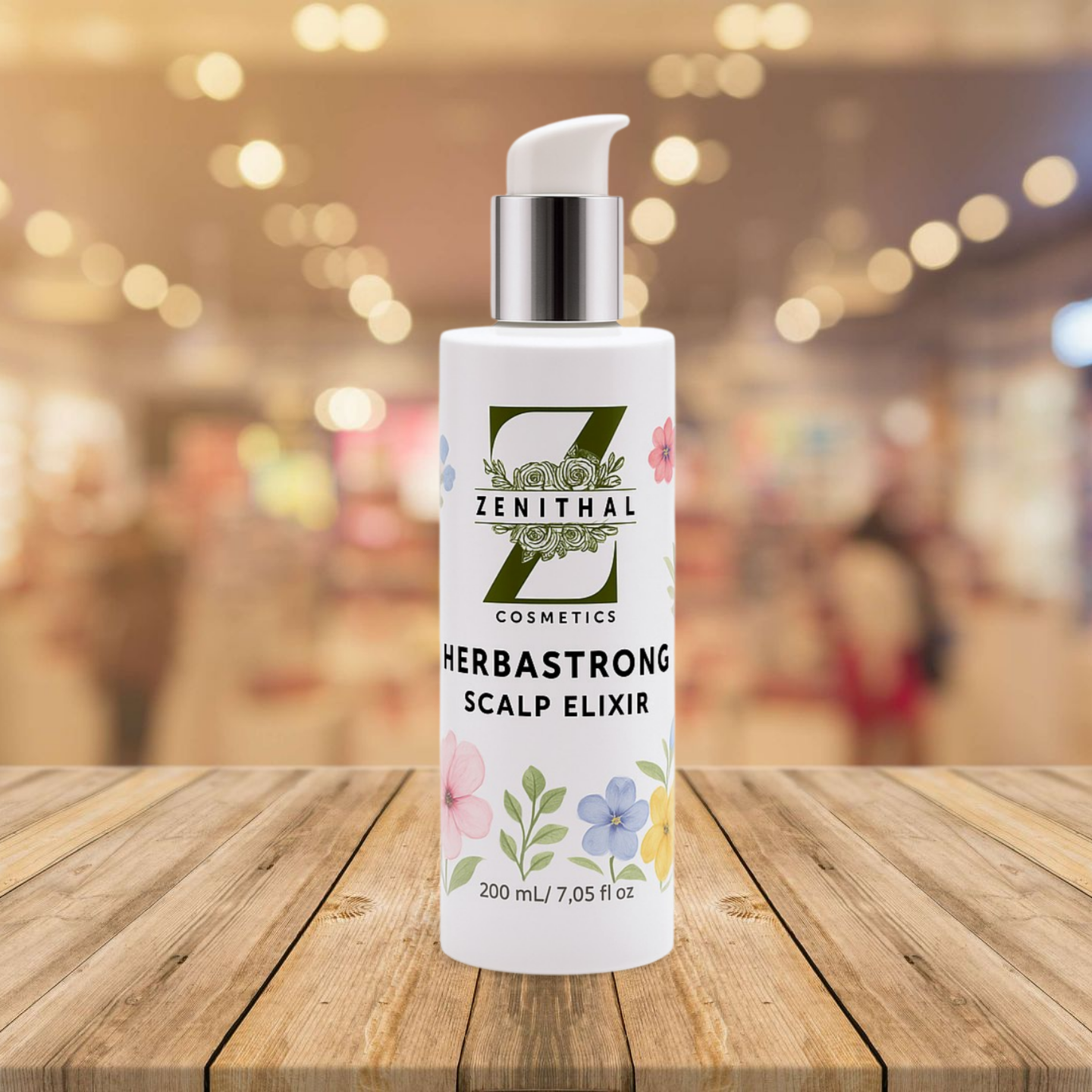 Bottle of Zenithal Cosmetics Herbastrong Scalp Elixir on a wooden surface with a blurred background