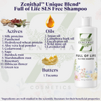 Zenithal Full of Life SLS Free Shampoo with ingredients list on a white background