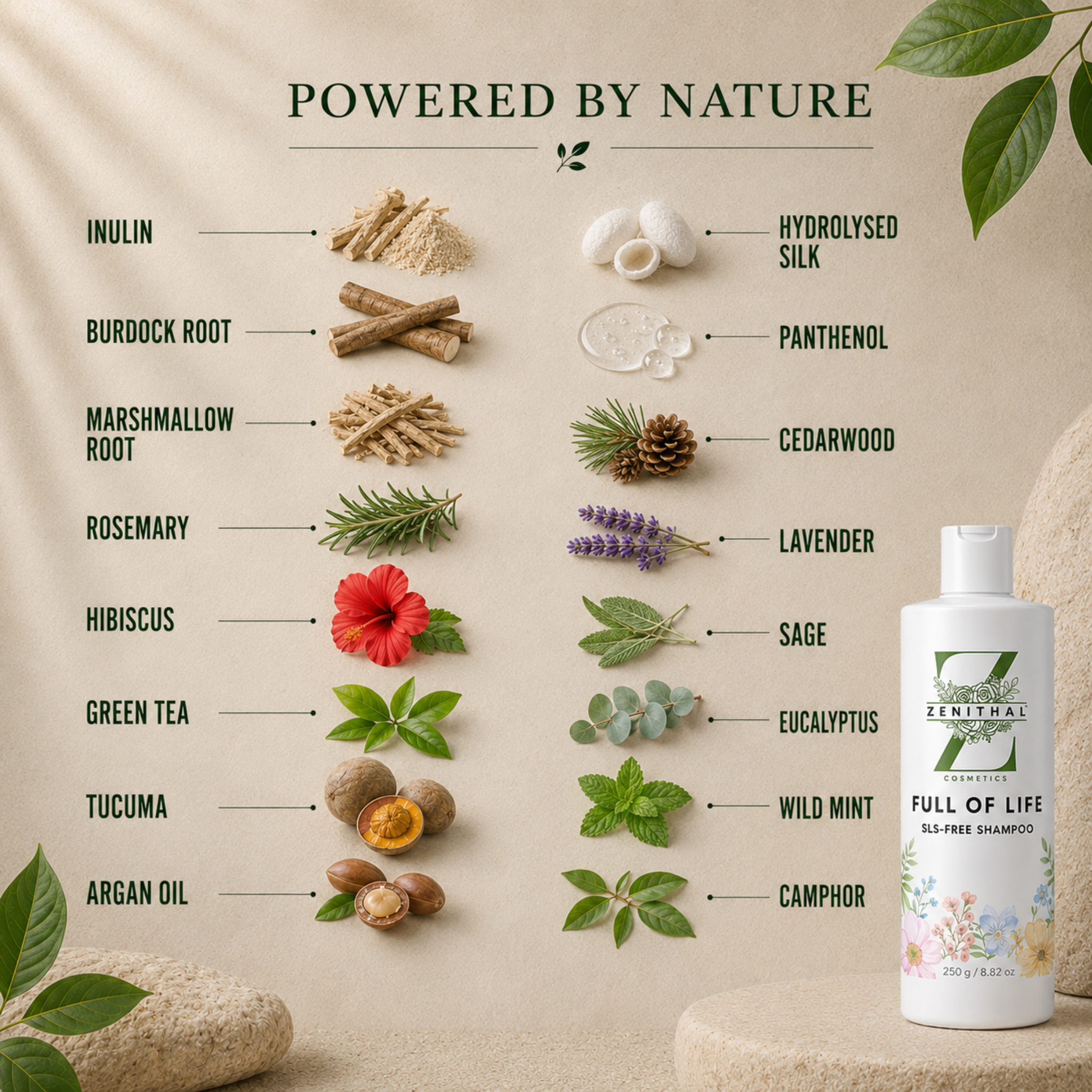 Sulphate-free shampoo with botanical ingredients for gentle cleansing and healthy-looking hair listing natural ingredients such as inulin, burdock root, marshmallow root, rosemary, hibiscus, green tea, lucuma, argan oil, hydrolysed silk, panthenol, cedarwood, lavender, sage, eucalyptus, wild mint, and camphor.