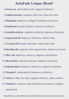 List of ingredients for StriaFade Unique Blend with their benefits on a white background.