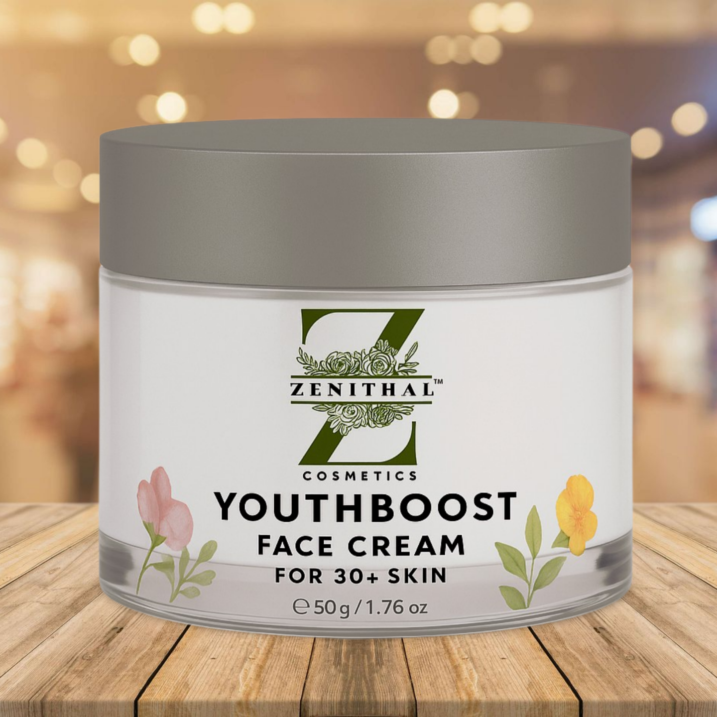 Jar of Zenithal Youthboost Face Cream on a wooden surface with a blurred background